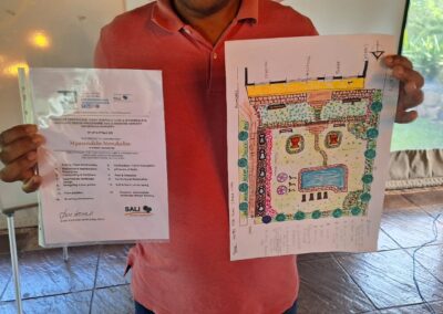 Lush garden landscape design plan with pool, plants, and pathways for sustainable outdoor space.